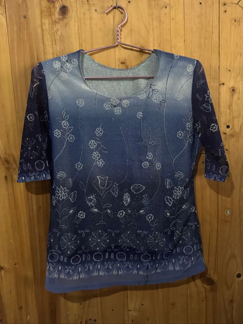 Blouse Wanita Motif Floral Biru Gradasi – Atasan Casual Eleg photo 1