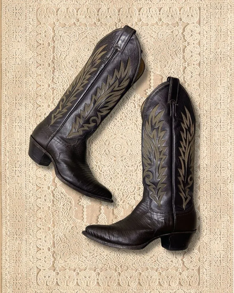 Vintage Justin Dark Brown Patterned Western / Cowboy Boots photo 1