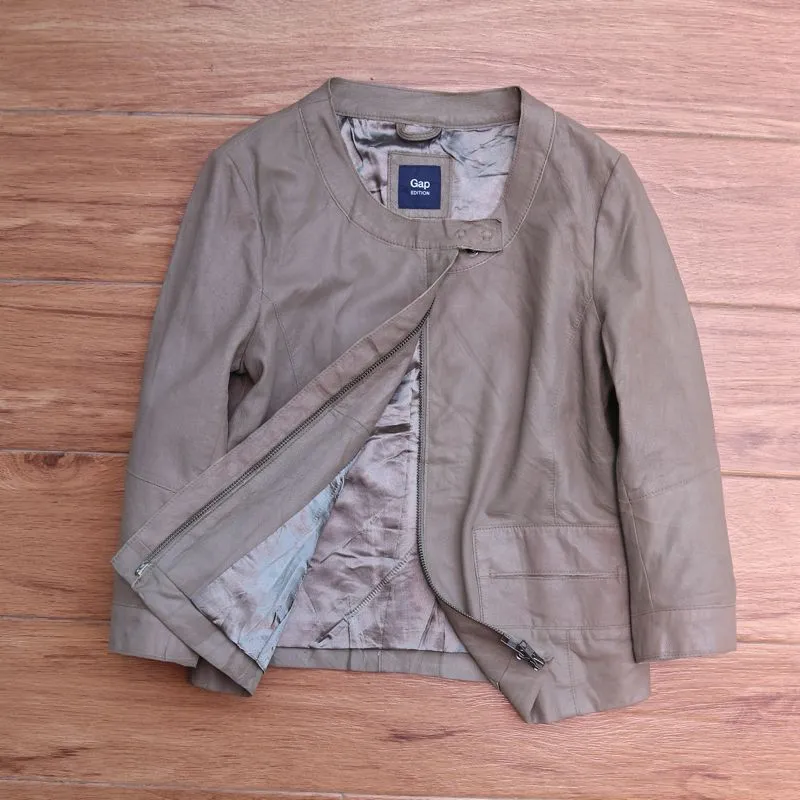 GAP kulit asli Jaket kulit casual coklat susu crop 3/4 genui photo 1