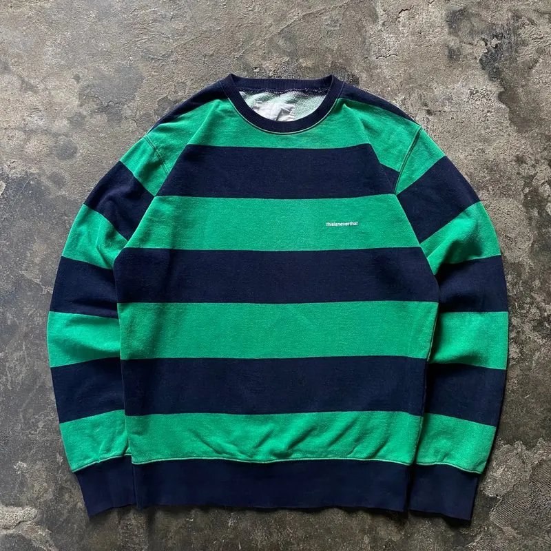 THISISNEVERTHAT Striped Crewneck Sweatshirt Navy Green photo 1