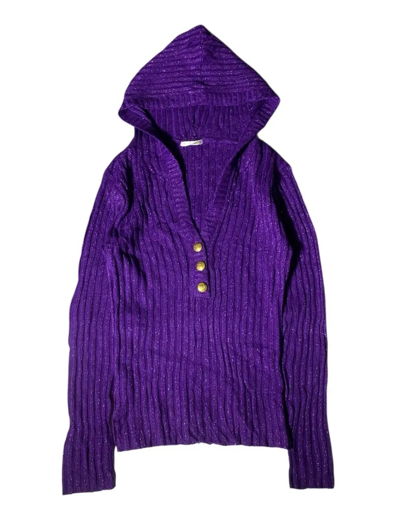 Sky bomber gold button v neck ribbed knit hoodie  photo 1