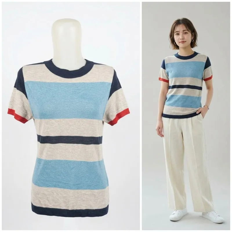 Atasan Kaos Rajut Wanita Lengan Pendek Motif Garis / Stripe  photo 1