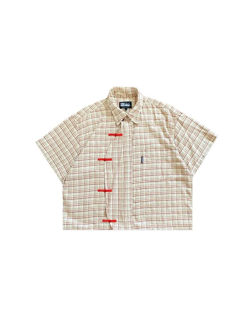 Boxy Cheongsam Shirt - First Down Tan Square pattern Reworke photo 1