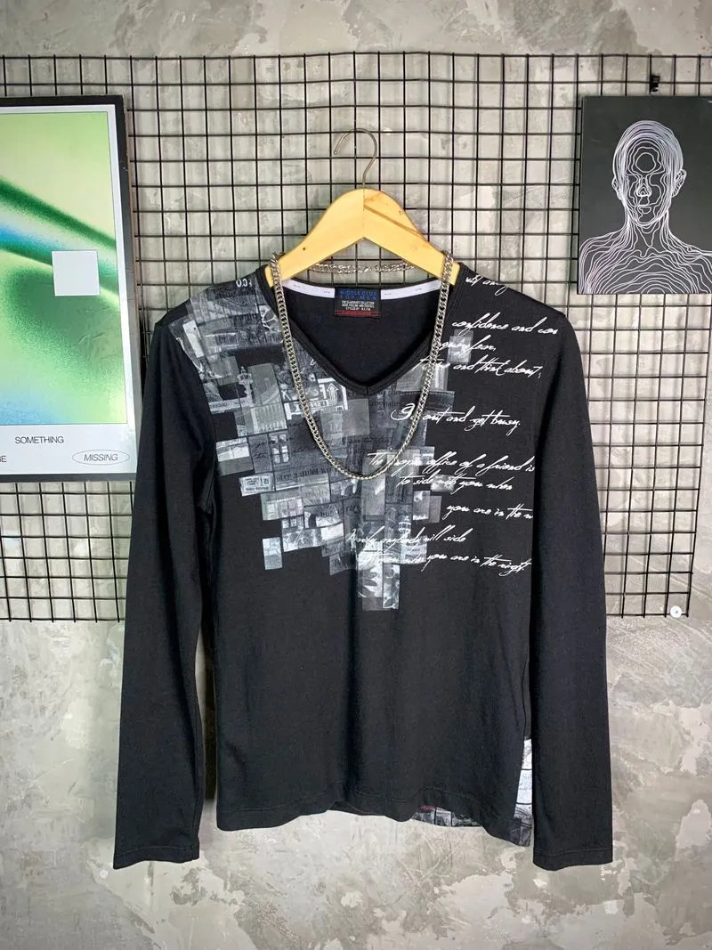 Y2K Nicole Club For Men Grunge Cyber Poem Print Vneck LS photo 1