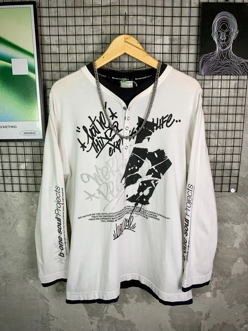 Y2K B-One-Soul Projects Grunge White Poem Henley LongSleeve photo 1