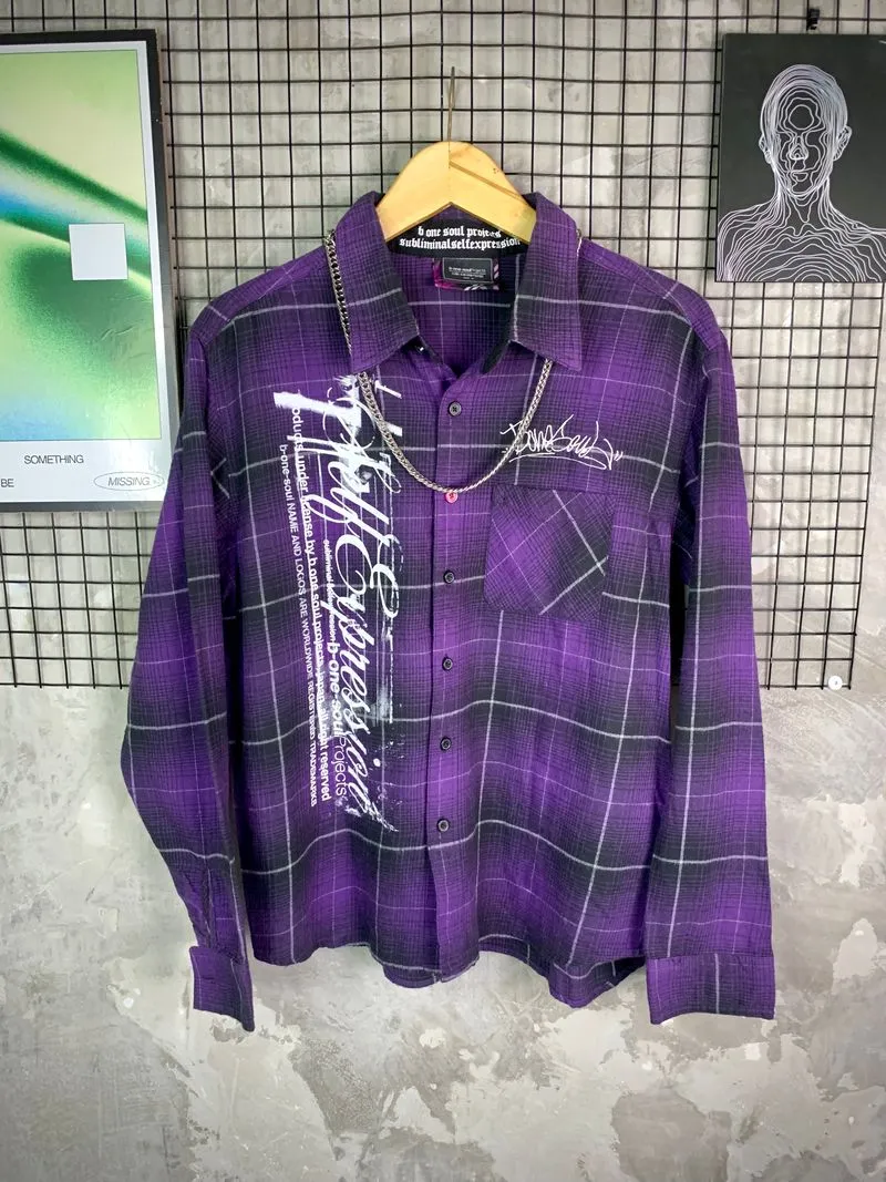 Y2K B-One-Soul Grunge Purple Plaid Flannel Shirt Poem Print photo 1