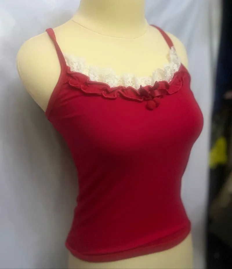 Warm Toned Red Tank Top Cherry Cami Decoration Atasan Rare F photo 1