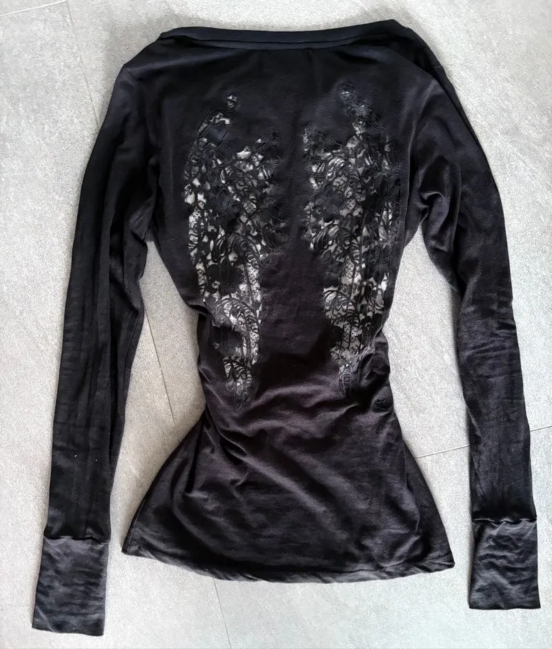 Black lace v neck long sleeve top wings backless top grunge  photo 1