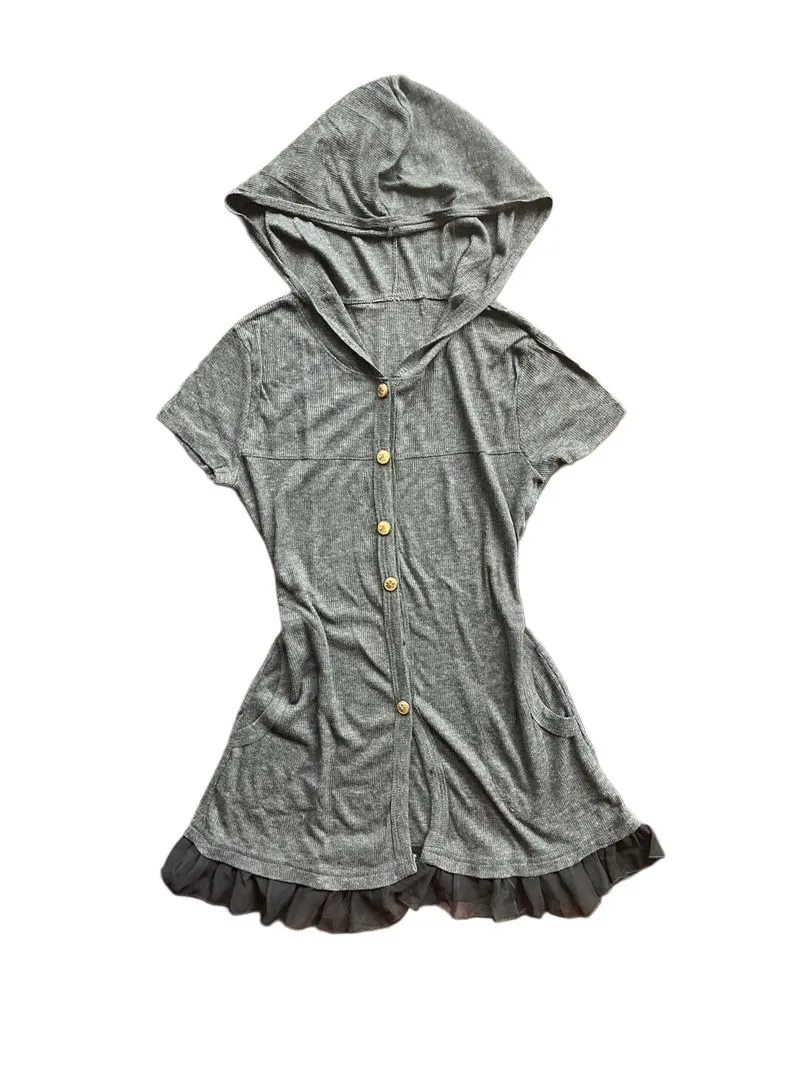 Grey Hooded Button Ruffle Dress over jeans photo 1