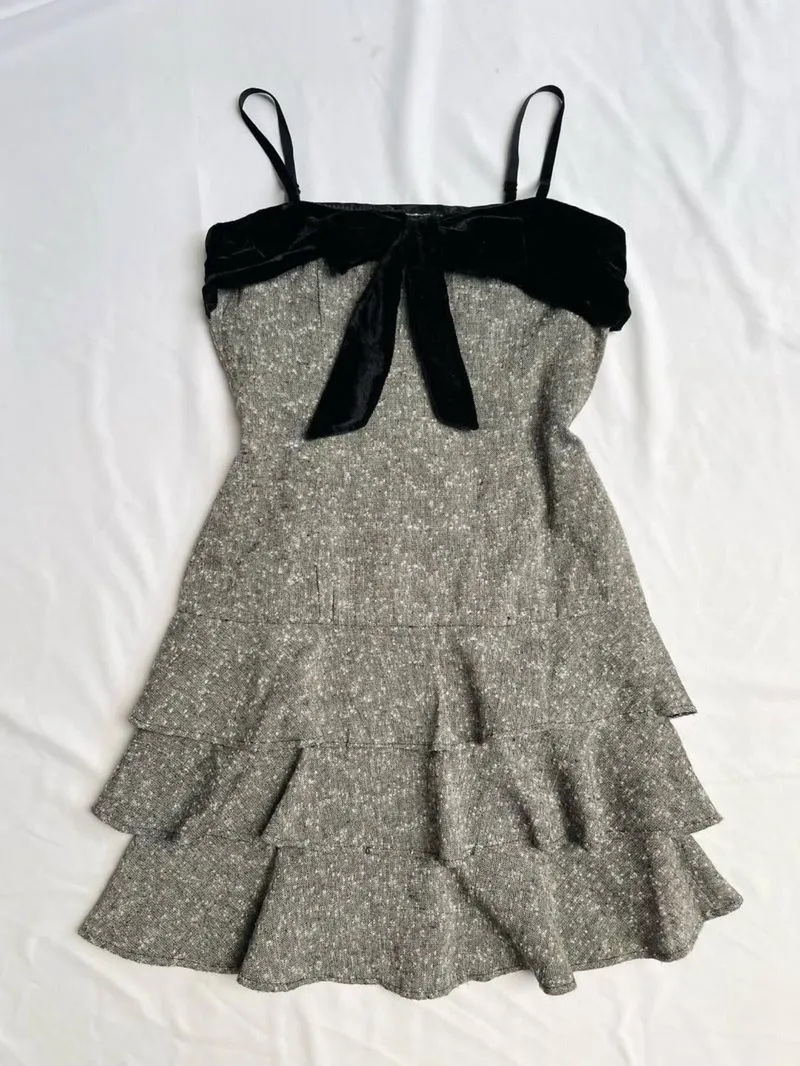 Babydoll Grey Layered Dress with Black Bow photo 1