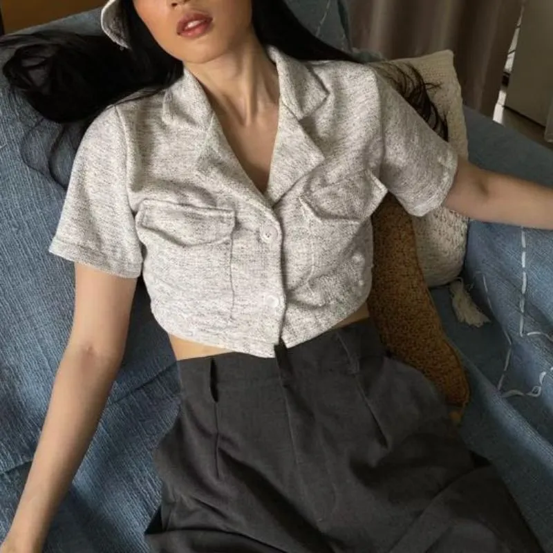 Casual Crop top Wanita white gray photo 1