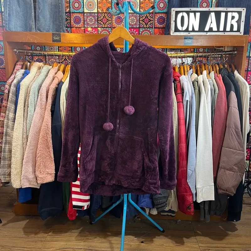 Uniqlo g.u Purple Plush Fleece Zip-Up Hoodie with a Pom-Pom  photo 1