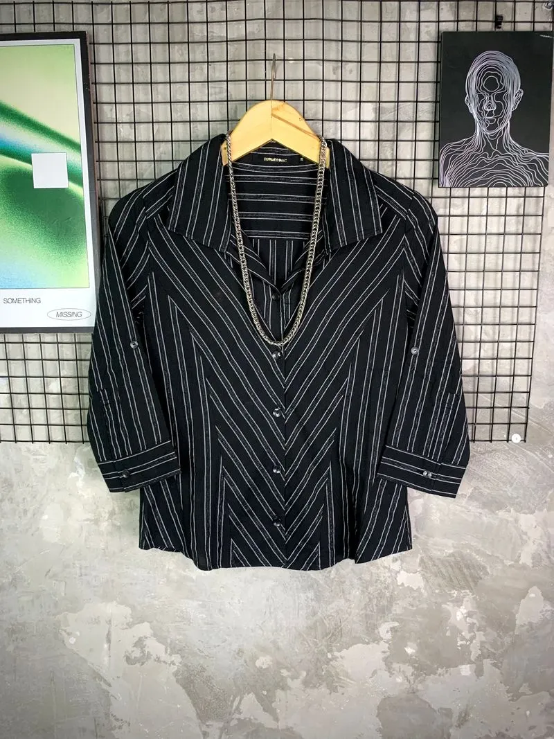 Y2K Tornado Mart Asymmetric Pinstripe Button Up Cyber photo 1