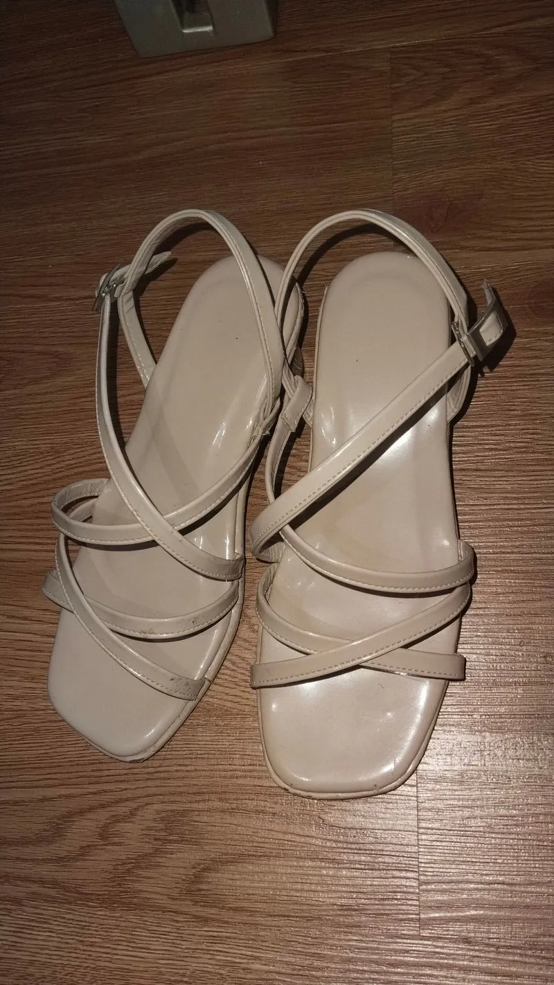 Heels hak tahu kotak tali cream uk 37 wanita sepatu 3cm photo 1