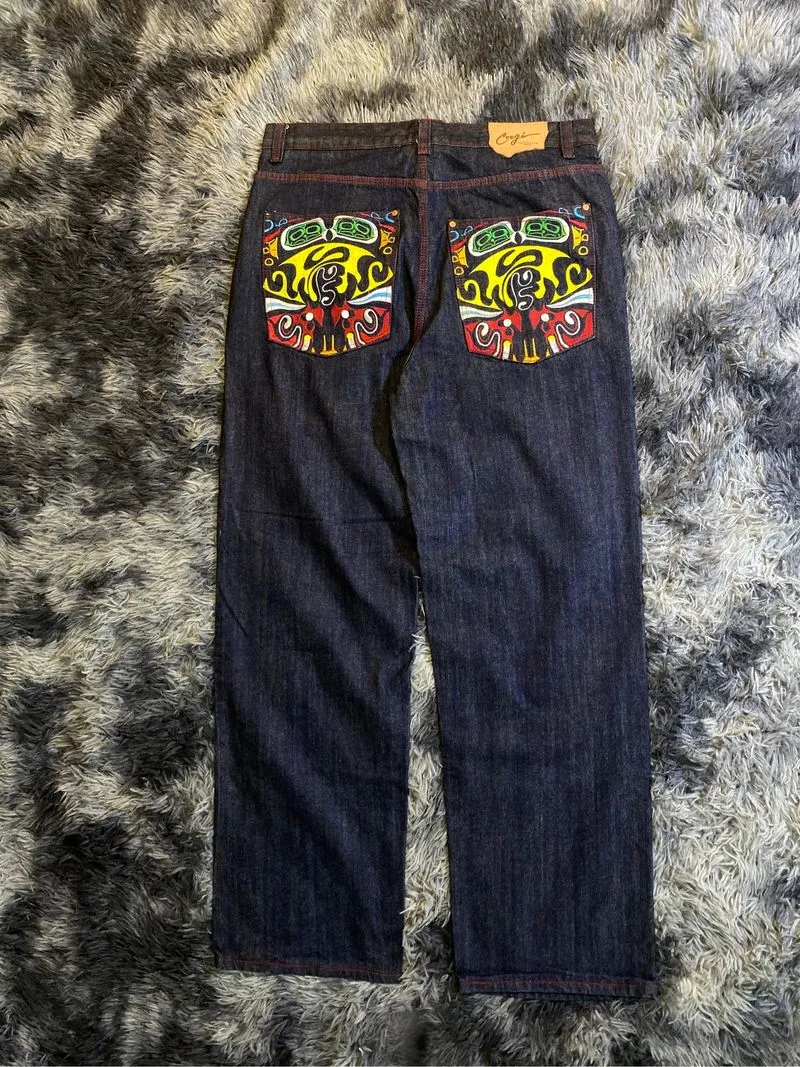 Coogi Australian Aboriginal Mask Embroidery Baggy Jeans photo 1