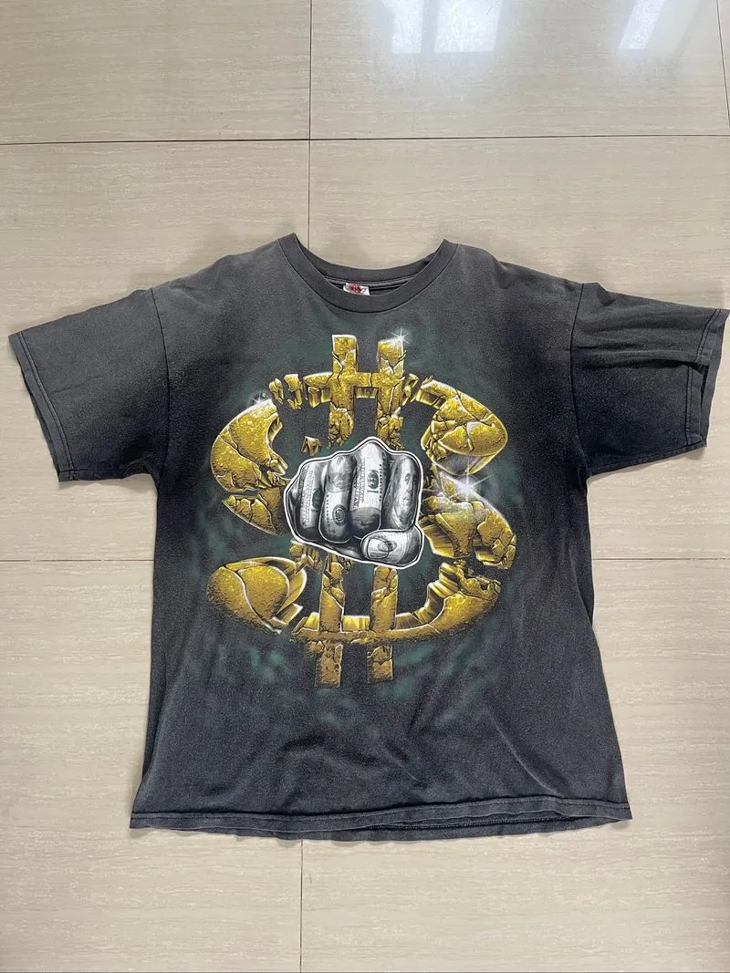 Vintage Men’s T-Shirts Crumbling Gold Dollar Sign Cash Fist photo 1