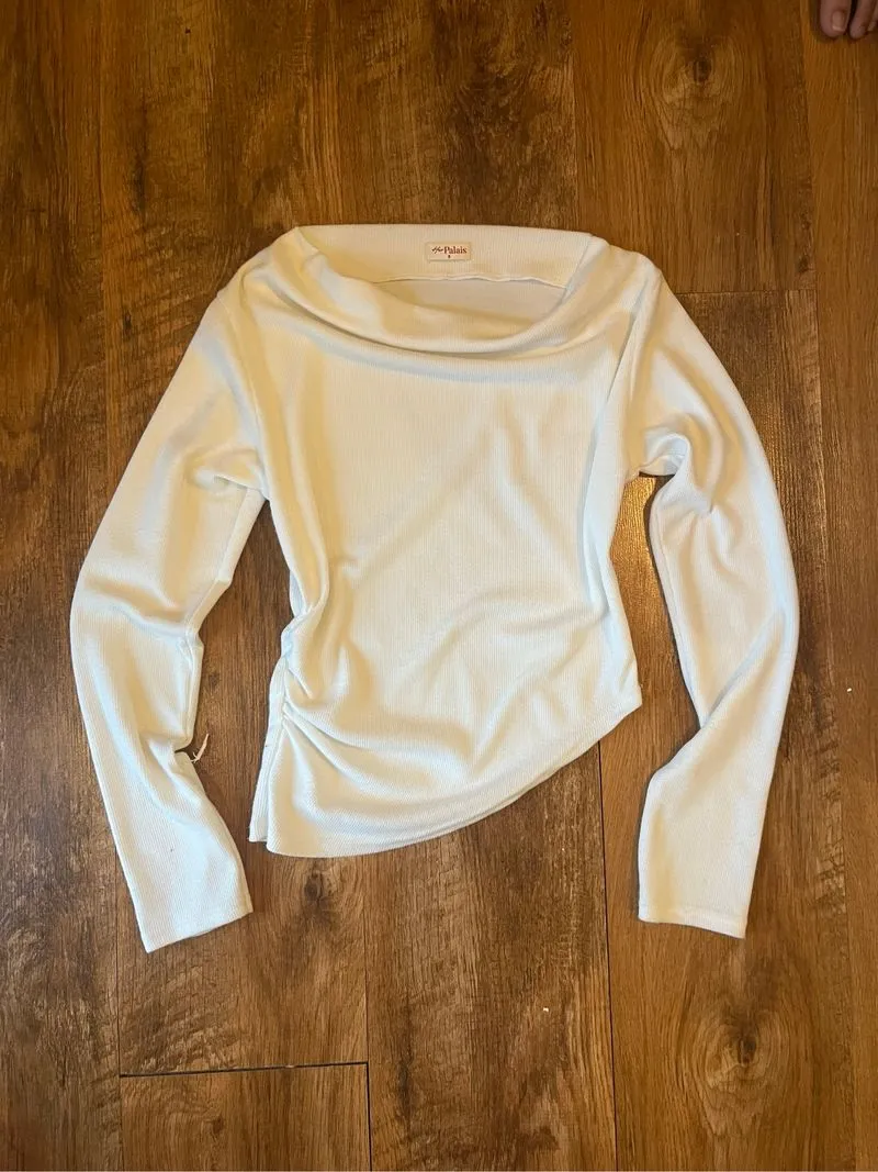 off shoulder ribknit white boat neck photo 1
