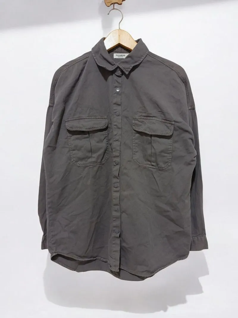 Pull & Besar Snap Button Dark Grey Longsleeve Shirt Original photo 1