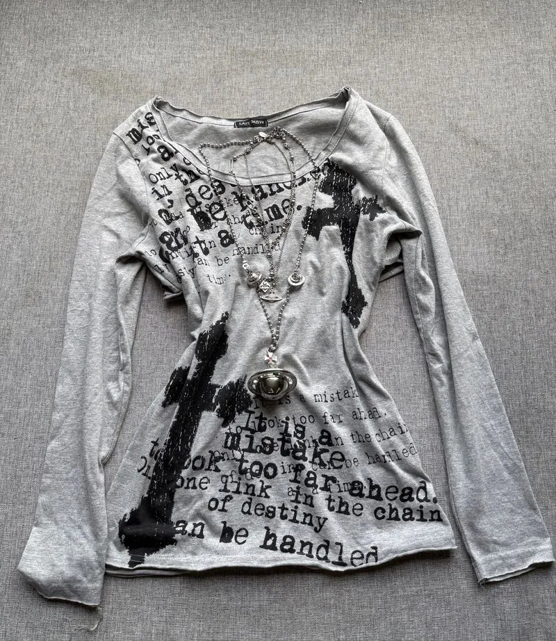 Kaos longsleeve Y2K Cybercore Lazy Daisy Grey Cross Print photo 1