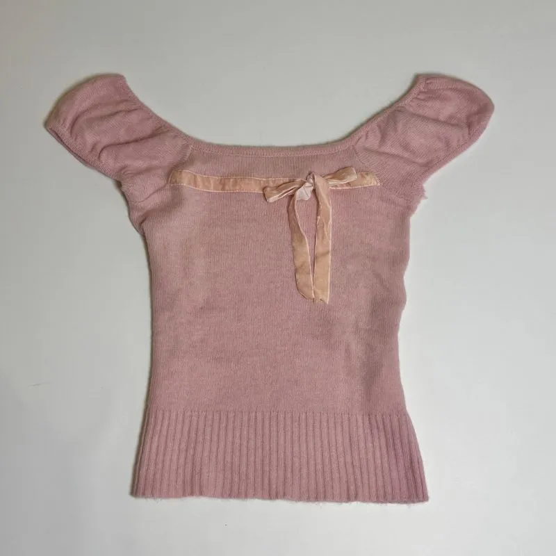 Miu Miu Baby Pink Mohair Knit Velvet Ribbon Milkmaid Top  photo 1