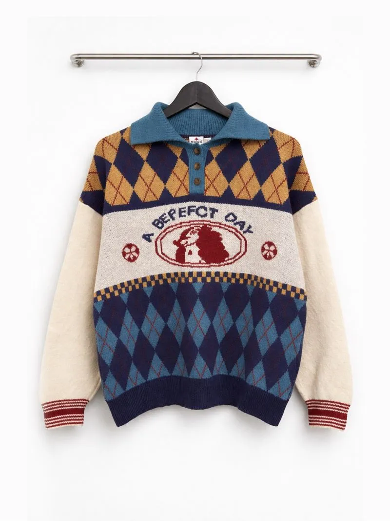 Vintage Knitwear Kerah Rugby Motif Sweater Rajut Unisex photo 1