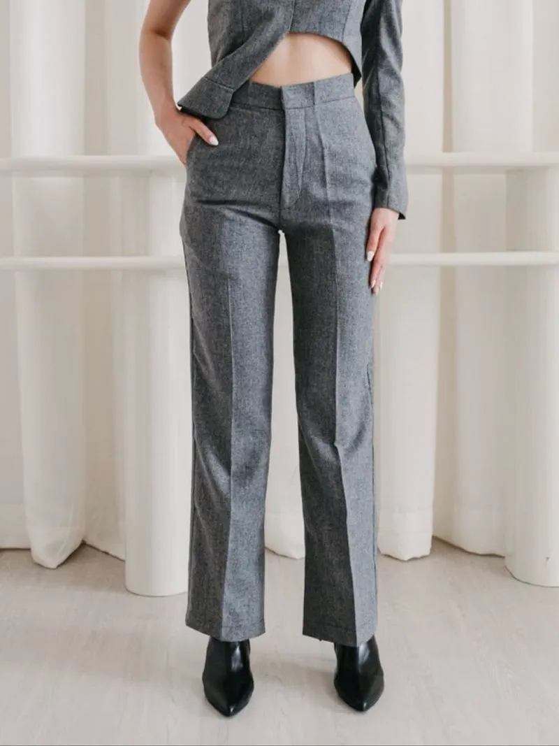 grey high waisted straight leg trousers - office work pants photo 1