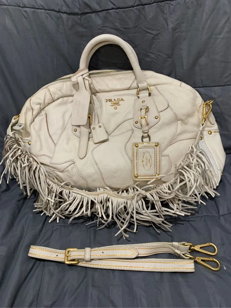 RARE! Prada Bohemian Chic Fringe Straps White Leather Bag photo 1
