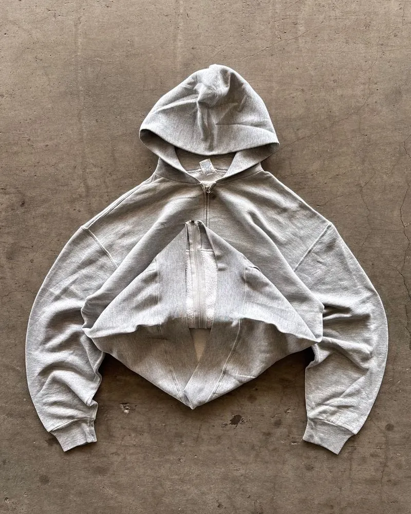 90s Russell Athletic Blank Grey Boxy Zip Up Hoodie - Preloved