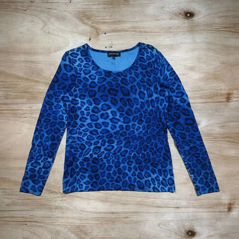 Jones New York Blue Leopard Print Long sleeve Scoop Neck photo 1