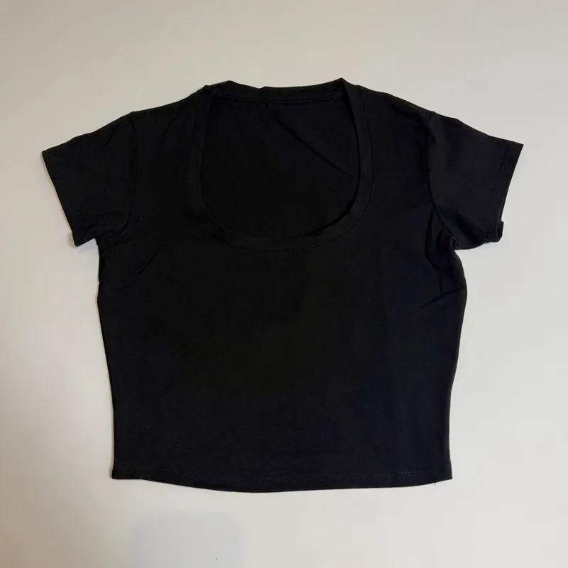 Black Basic Horseshoe Neck Tight Fitted Baby Tee Top  photo 1