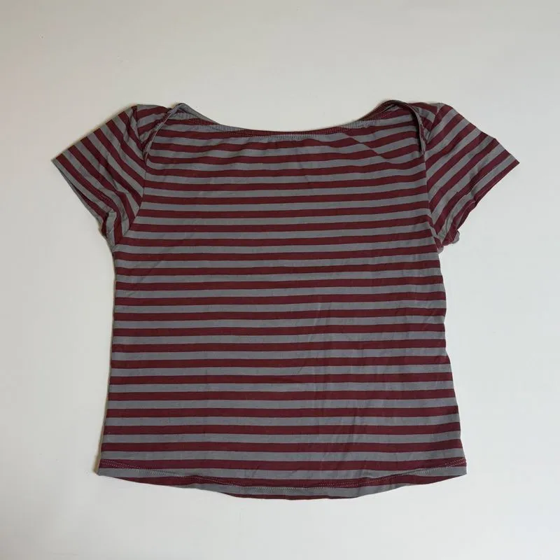 Red & Grey Striped Y2k Shoulder Detail Baby Tee Top  photo 1