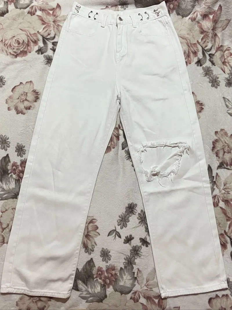 Adjustable Baggy Ripped Jeans White | Scenery HAUL photo 1