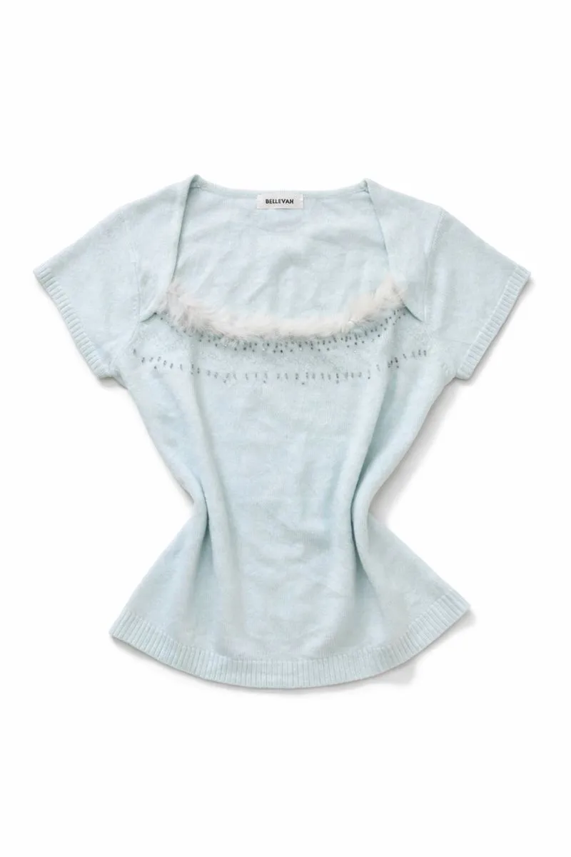 Blue Fuzzy Trim Square Neck Knit Top photo 1
