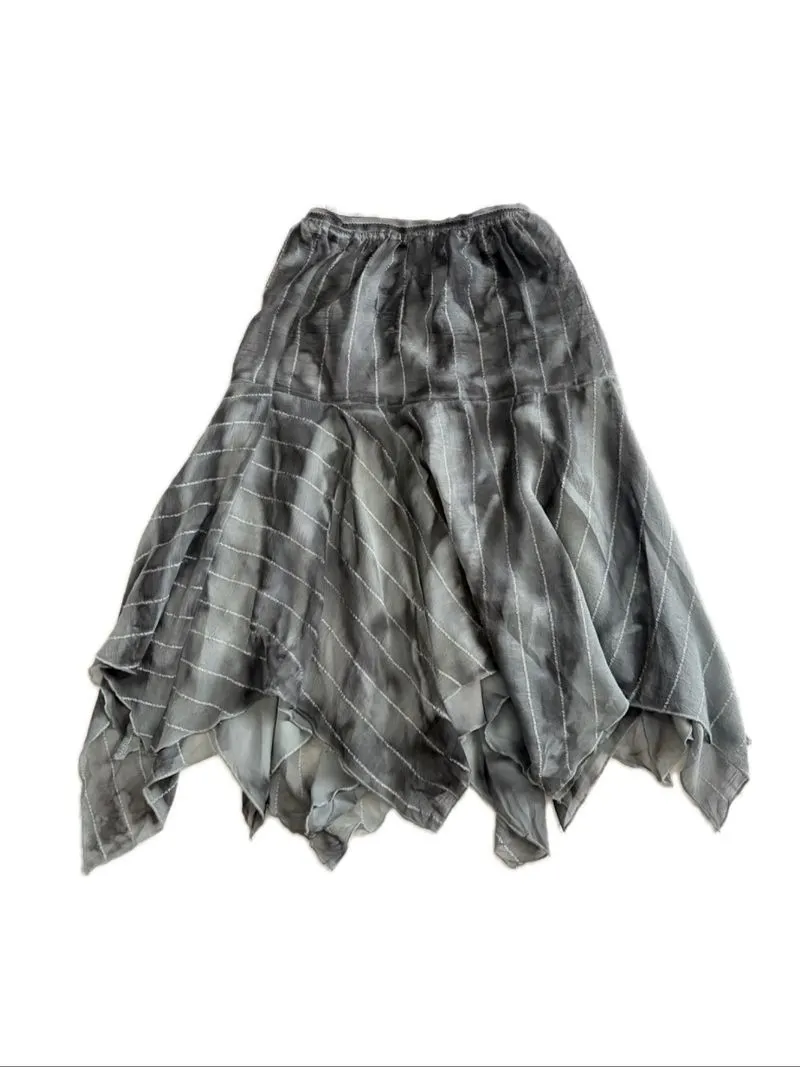 Asymmetrical Black Ink Tie-Dyed Elastic Waist Midi Skirt photo 1