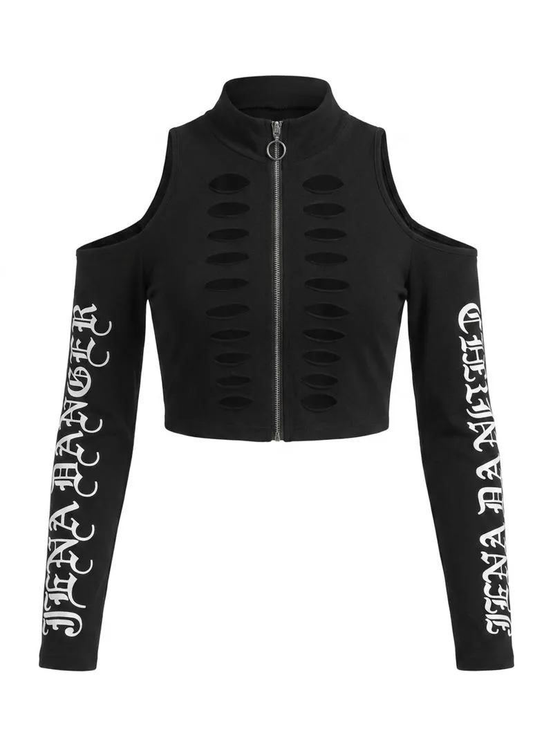 Black Cyber-Goth Cold Shoulder Crop Top with Rips and Old En photo 1