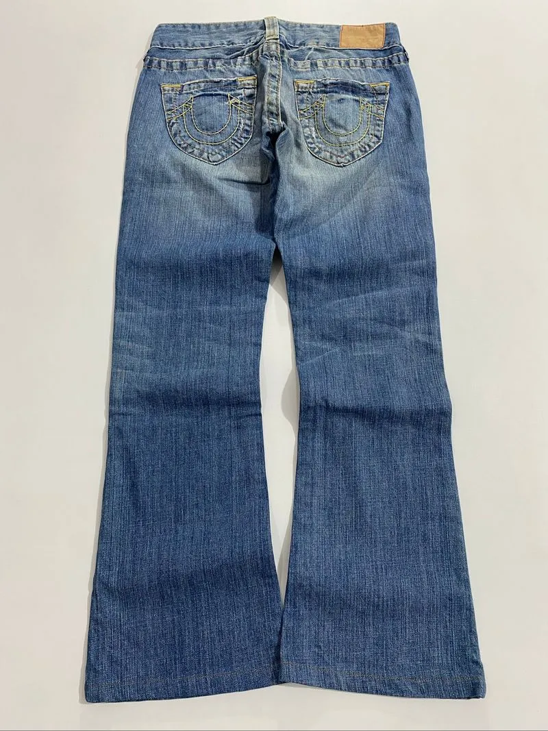 True Religion flare bootcut blue washed ripped row seat photo 1