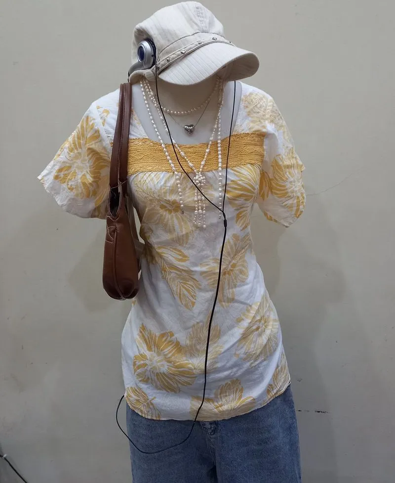 yellow floral summer blouse photo 1