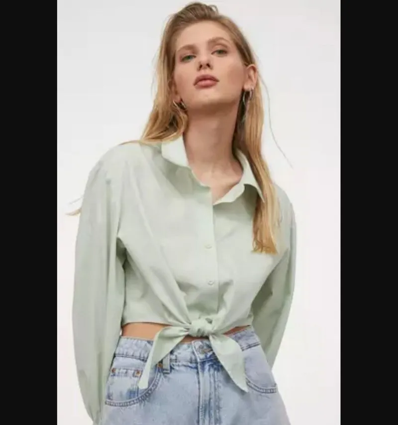 H&M Tie-Hem Cotton Shirt - Mint Green / Sage photo 1
