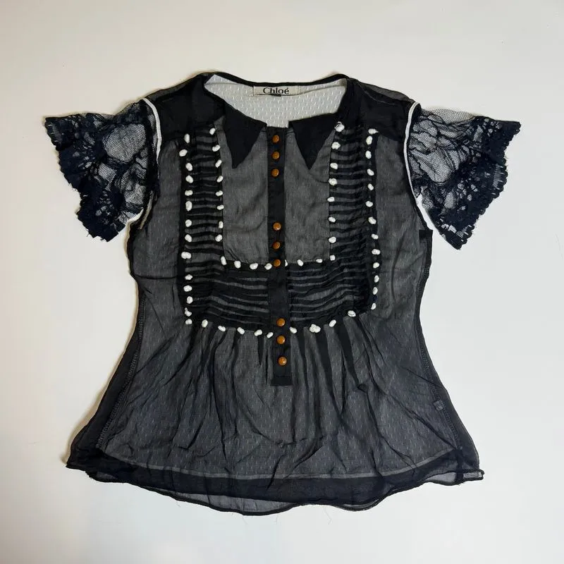 Chloé Vintage Black Sheer Layered Lace Sleeves Blouse Top  photo 1
