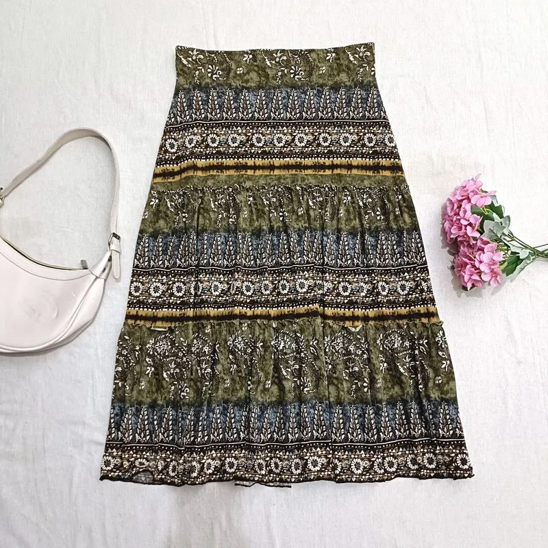 Morikei Earth Tone Skirt Boho Vintage Layered Skirt photo 1