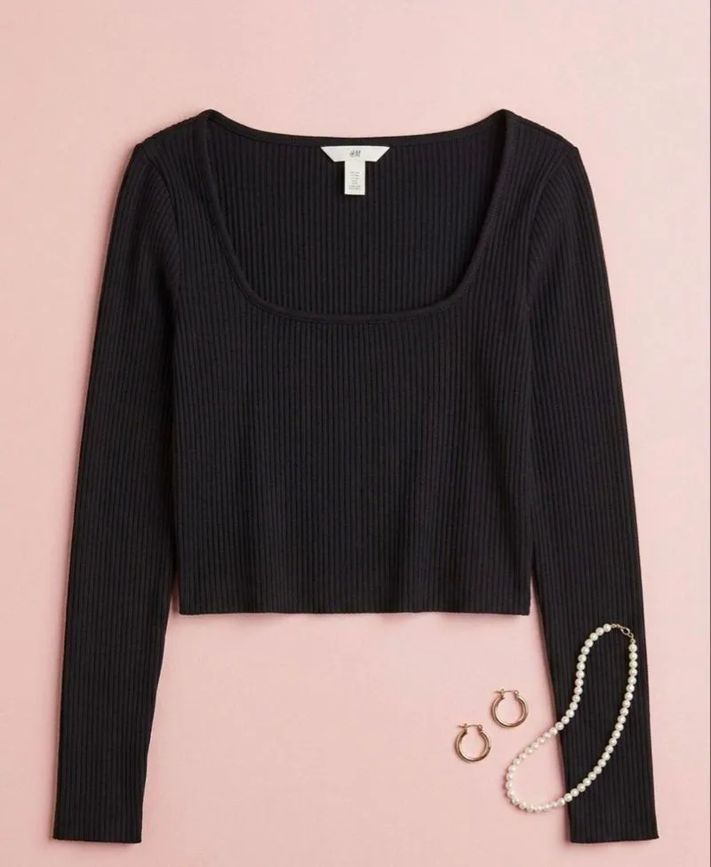 H&M Square Knit Jersey Crop Top - Black photo 1