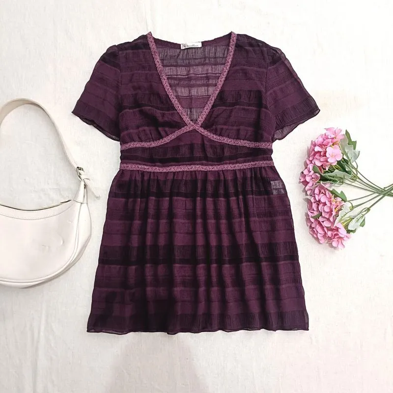 Coquette Chiffon Blouse Burgundy Feminine Elegant Soft Girl photo 1