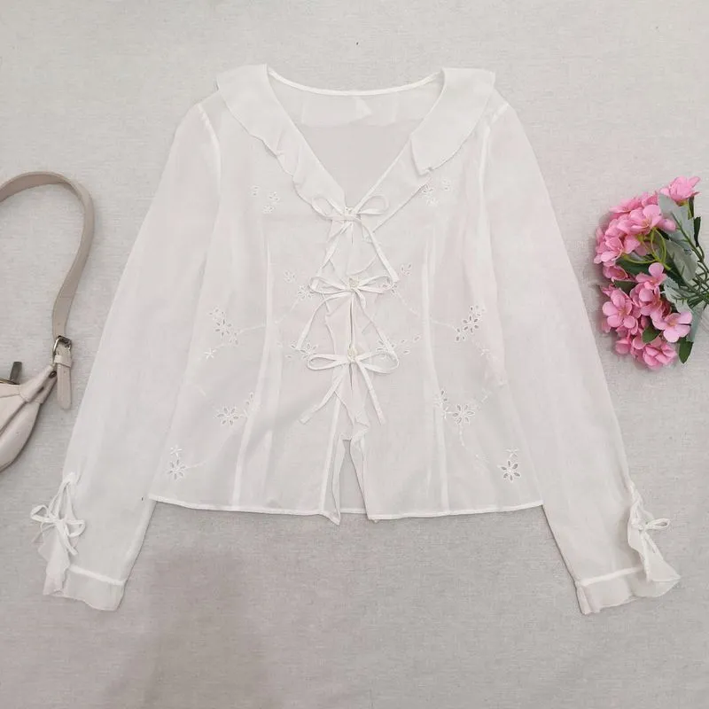 Coquette Sheer Blouse White Ribbon Lace Feminine Soft Girl photo 1