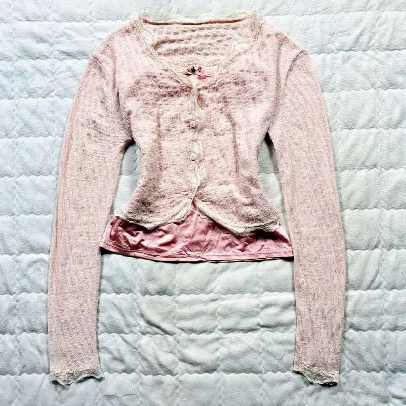 ❌SOLD❌Pink Knit Cardigan with Satin Cami Top photo 1