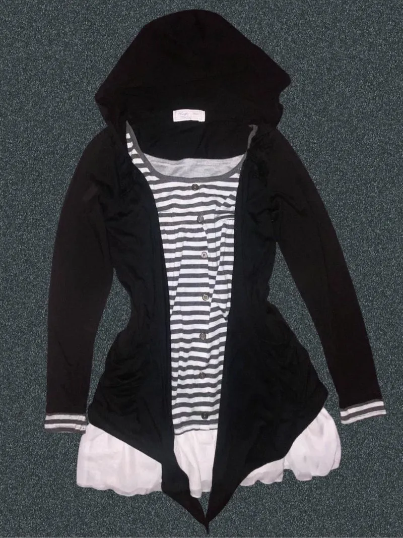 black layered hoodie dress 2 in 1 stripped inner top kawaii photo 1