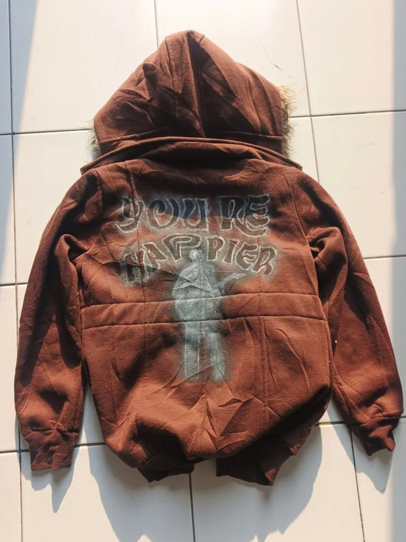 Jaket hoodie bulu rework 'You're happier' photo 1
