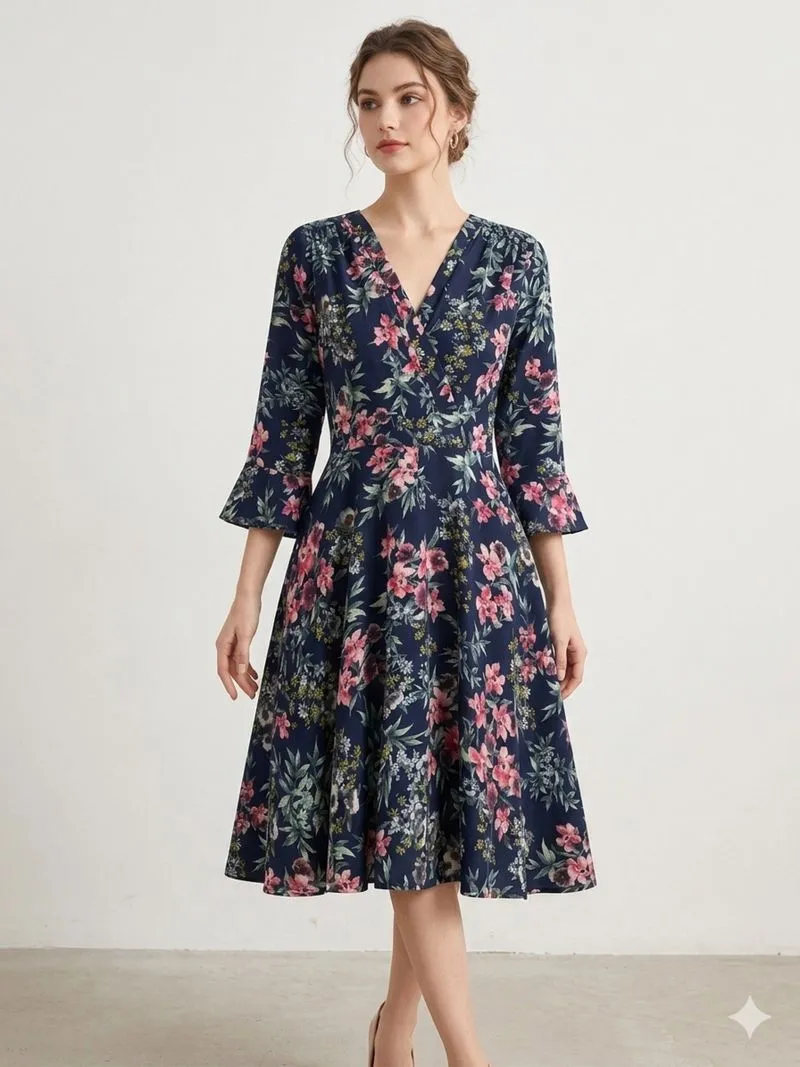 Flower Navy Dress ( V neck ) photo 1