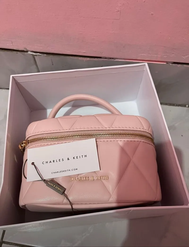 pink Charles & Keith Arwen Quilted Top Handle Vanity Bag.  photo 1