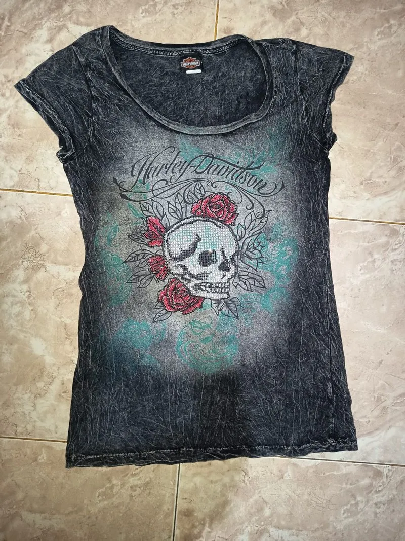 Harley Davidson Skull Rose Vintage Washed Tee – Rare Look photo 1