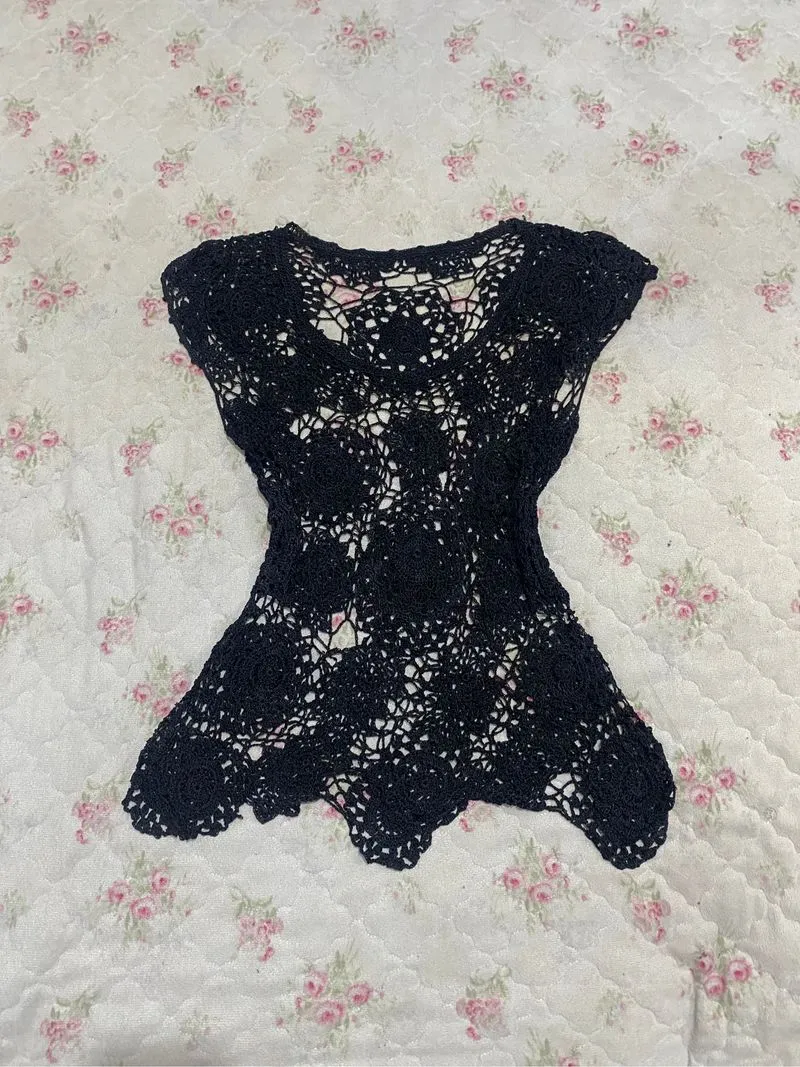 Top black mesh bordir rajut jaring vest goth grunge vintage photo 1
